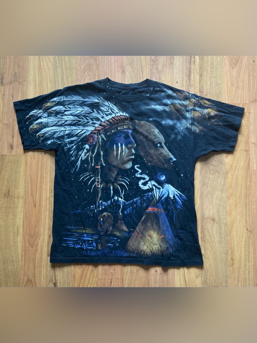 VTG Liquid Blue Brian Fox Native American Indian Black Mens XL Tshirt Bear Wolf